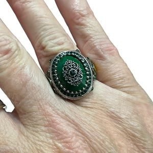 Silver with Gold Green Center Stone Unisex Ring